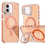 For iPhone 16 Plus Two-color Glitter Powder Lens Holder Magsafe Phone Case(Orange)