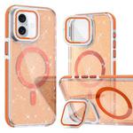 For iPhone 16 Two-color Glitter Powder Lens Holder Magsafe Phone Case(Orange)