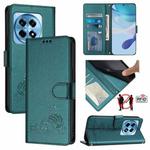 For OnePlus 12R 5G Global Cat Rat Embossed Pattern RFID Leather Phone Case with Lanyard(Peacock Green)