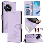 For OnePlus 12 5G Global Cat Rat Embossed Pattern RFID Leather Phone Case with Lanyard(Purple)