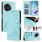 For OnePlus 11R 5G Global Cat Rat Embossed Pattern RFID Leather Phone Case with Lanyard(Mint Green)