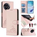 For OnePlus 11R 5G Global Cat Rat Embossed Pattern RFID Leather Phone Case with Lanyard(Pink)