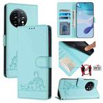 For OnePlus 11 Cat Rat Embossed Pattern RFID Leather Phone Case with Lanyard(Mint Green)