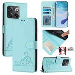 For OnePlus Ace Pro 5G Cat Rat Embossed Pattern RFID Leather Phone Case with Lanyard(Mint Green)