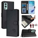 For OnePlus Nord 2 Cat Rat Embossed Pattern RFID Leather Phone Case with Lanyard(Black)
