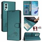 For OnePlus Nord 2 Cat Rat Embossed Pattern RFID Leather Phone Case with Lanyard(Peacock Green)