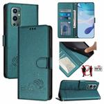 For OnePlus 9 Pro Cat Rat Embossed Pattern RFID Leather Phone Case with Lanyard(Peacock Green)