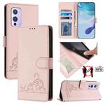 For OnePlus 9 Cat Rat Embossed Pattern RFID Leather Phone Case with Lanyard(Pink)