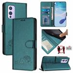 For OnePlus 9 Cat Rat Embossed Pattern RFID Leather Phone Case with Lanyard(Peacock Green)