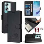 For OnePlus Nord N30 SE 5G Cat Rat Embossed Pattern RFID Leather Phone Case with Lanyard(Black)