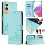 For OnePlus Nord CE4 Lite Cat Rat Embossed Pattern RFID Leather Phone Case with Lanyard(Mint Green)