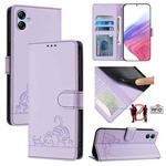 For Samsung Galaxy A04e 4G/F04 4G/M04 4G Cat Rat Embossed Pattern RFID Leather Phone Case with Lanyard(Purple)