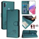 For Samsung Galaxy A11 EU Version Cat Rat Embossed Pattern RFID Leather Phone Case with Lanyard(Peacock Green)