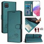 For Samsung Galaxy A12/M12 Cat Rat Embossed Pattern RFID Leather Phone Case with Lanyard(Peacock Green)