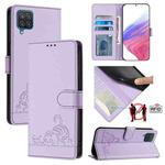 For Samsung Galaxy A12/M12 Cat Rat Embossed Pattern RFID Leather Phone Case with Lanyard(Purple)