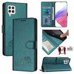 For Samsung Galaxy A22 4G Cat Rat Embossed Pattern RFID Leather Phone Case with Lanyard(Peacock Green)