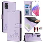 For Samsung Galaxy A31 EU Version Cat Rat Embossed Pattern RFID Leather Phone Case with Lanyard(Purple)