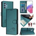 For Samsung Galaxy A32 4G Cat Rat Embossed Pattern RFID Leather Phone Case with Lanyard(Peacock Green)