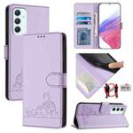 For Samsung Galaxy A35 5G Cat Rat Embossed Pattern RFID Leather Phone Case with Lanyard(Purple)