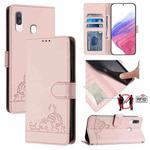 For Samsung Galaxy A40 Cat Rat Embossed Pattern RFID Leather Phone Case with Lanyard(Pink)