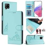 For Samsung Galaxy A42 5G/M42 Cat Rat Embossed Pattern RFID Leather Phone Case with Lanyard(Mint Green)