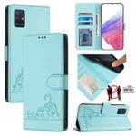 For Samsung Galaxy A51 5G Cat Rat Embossed Pattern RFID Leather Phone Case with Lanyard(Mint Green)