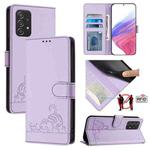 For Samsung Galaxy A52 4G/5G/A52s 5G Cat Rat Embossed Pattern RFID Leather Phone Case with Lanyard(Purple)