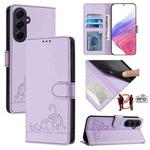 For Samsung Galaxy A55 5G Cat Rat Embossed Pattern RFID Leather Phone Case with Lanyard(Purple)