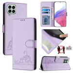 For Samsung Galaxy M33 5G Global Cat Rat Embossed Pattern RFID Leather Phone Case with Lanyard(Purple)