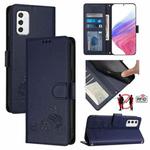 For Samsung Galaxy M52 5G Cat Rat Embossed Pattern RFID Leather Phone Case with Lanyard(Blue)