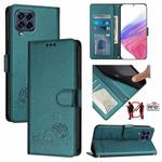 For Samsung Galaxy M53 5G Cat Rat Embossed Pattern RFID Leather Phone Case with Lanyard(Peacock Green)