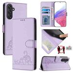 For Samsung Galaxy M55 Cat Rat Embossed Pattern RFID Leather Phone Case with Lanyard(Purple)