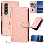 For Samsung Galaxy Z Fold4 5G YX0070 Carbon Fiber Buckle Leather Phone Case with Lanyard(Pink)