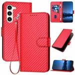 For Samsung Galaxy S23 5G YX0070 Carbon Fiber Buckle Leather Phone Case with Lanyard(Red)