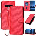 For Samsung Galaxy S10 YX0070 Carbon Fiber Buckle Leather Phone Case with Lanyard(Red)