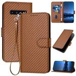 For Samsung Galaxy S10 YX0070 Carbon Fiber Buckle Leather Phone Case with Lanyard(Coffee)