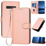 For Samsung Galaxy S10+ YX0070 Carbon Fiber Buckle Leather Phone Case with Lanyard(Pink)