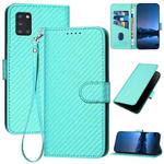 For Samsung Galaxy A31 YX0070 Carbon Fiber Buckle Leather Phone Case with Lanyard(Light Blue)