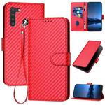 For Samsung Galaxy A21 EU YX0070 Carbon Fiber Buckle Leather Phone Case with Lanyard(Red)