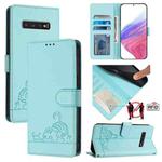 For Samsung Galaxy S10+ Cat Rat Embossed Pattern RFID Leather Phone Case with Lanyard(Mint Green)