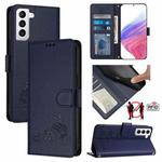 For Samsung Galaxy S21 5G Cat Rat Embossed Pattern RFID Leather Phone Case with Lanyard(Blue)