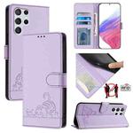 For Samsung Galaxy S22 Ultra 5G Cat Rat Embossed Pattern RFID Leather Phone Case with Lanyard(Purple)