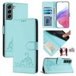 For Samsung Galaxy S22+ 5G Cat Rat Embossed Pattern RFID Leather Phone Case with Lanyard(Mint Green)