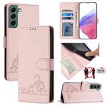 For Samsung Galaxy S22+ 5G Cat Rat Embossed Pattern RFID Leather Phone Case with Lanyard(Pink)