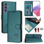 For Samsung Galaxy S23 FE 5G Cat Rat Embossed Pattern RFID Leather Phone Case with Lanyard(Peacock Green)