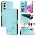 For Samsung Galaxy S23+ 5G Cat Rat Embossed Pattern RFID Leather Phone Case with Lanyard(Mint Green)