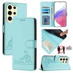 For Samsung Galaxy S24 Ultra 5G Cat Rat Embossed Pattern RFID Leather Phone Case with Lanyard(Mint Green)