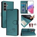 For Samsung Galaxy S24+ 5G Cat Rat Embossed Pattern RFID Leather Phone Case with Lanyard(Peacock Green)