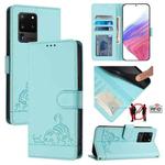 For Samsung Galaxy Note20 Ultra Cat Rat Embossed Pattern RFID Leather Phone Case with Lanyard(Mint Green)