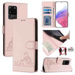 For Samsung Galaxy Note20 Ultra Cat Rat Embossed Pattern RFID Leather Phone Case with Lanyard(Pink)